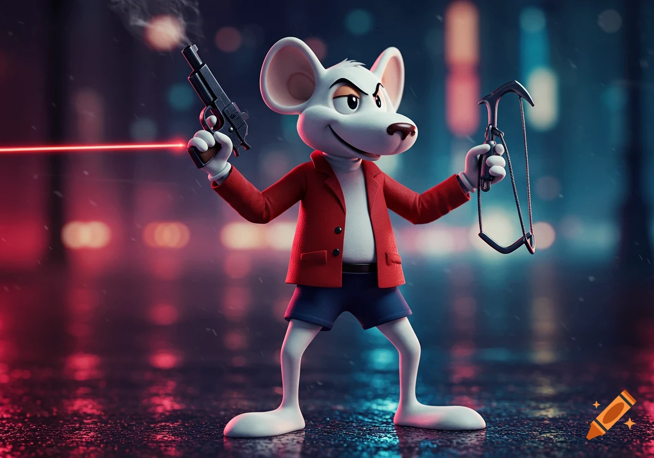 Cartoon mouse character holding a gun with a laser sight and a grappling hook on a wet city street.