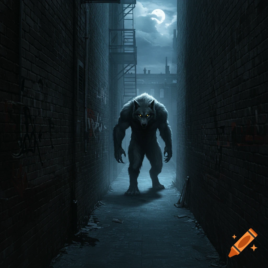 A large, muscular werewolf stands in a dark alley under a full moon.