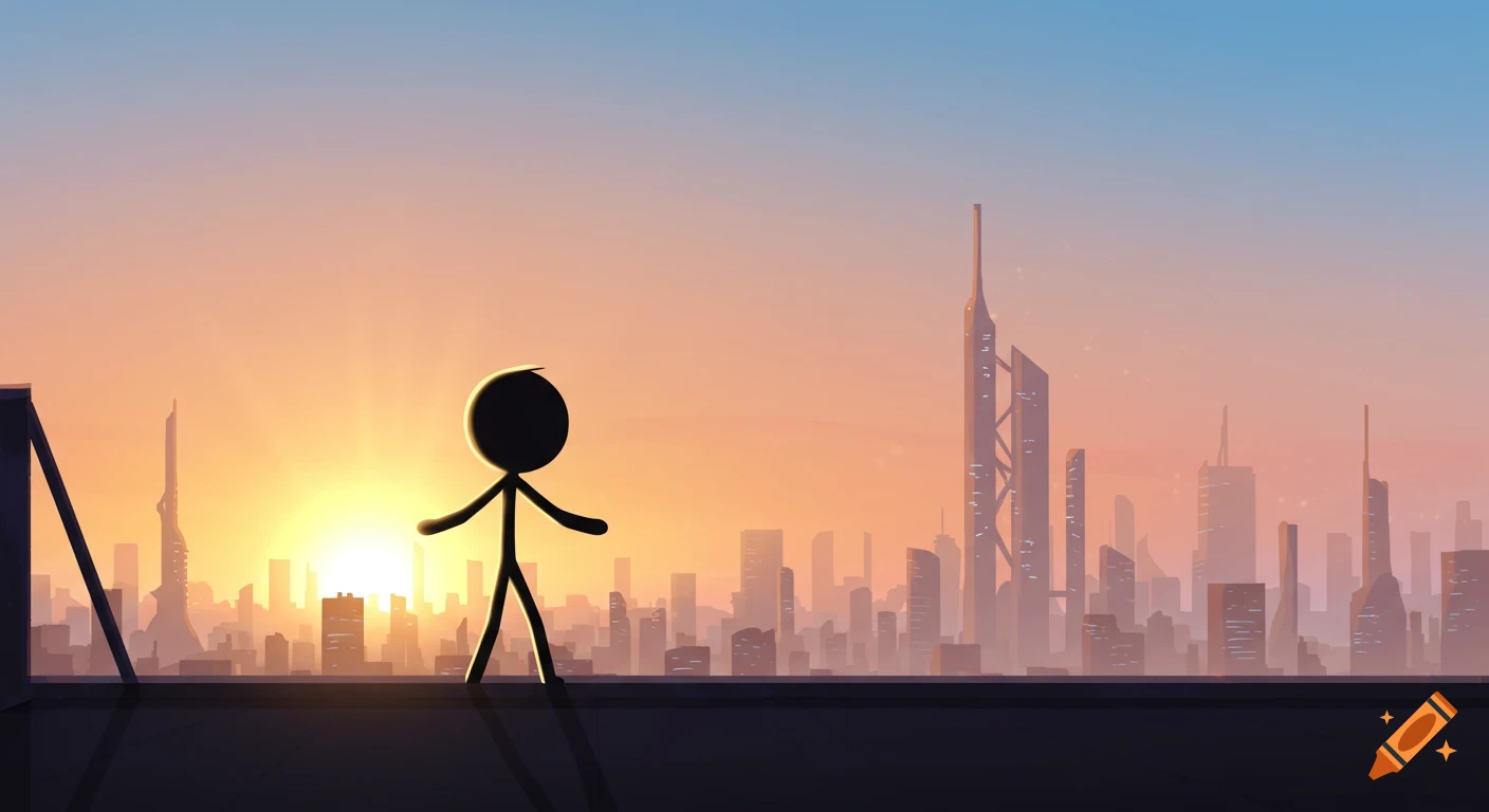 A stick figure character stands on a rooftop, looking out at a futuristic city skyline during sunrise, in a simple, stylized animation style.
