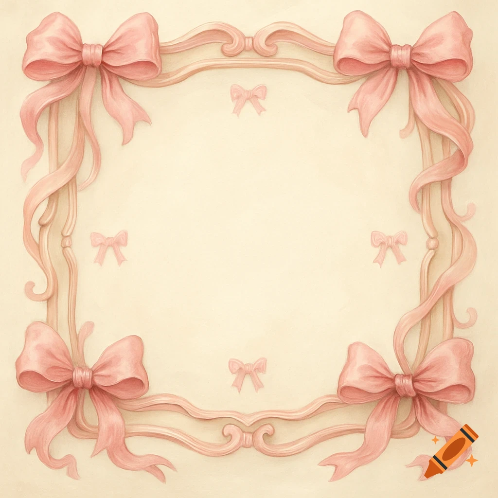 A decorative frame with large pink bows at the corners and smaller bows scattered inside, in a painting style.