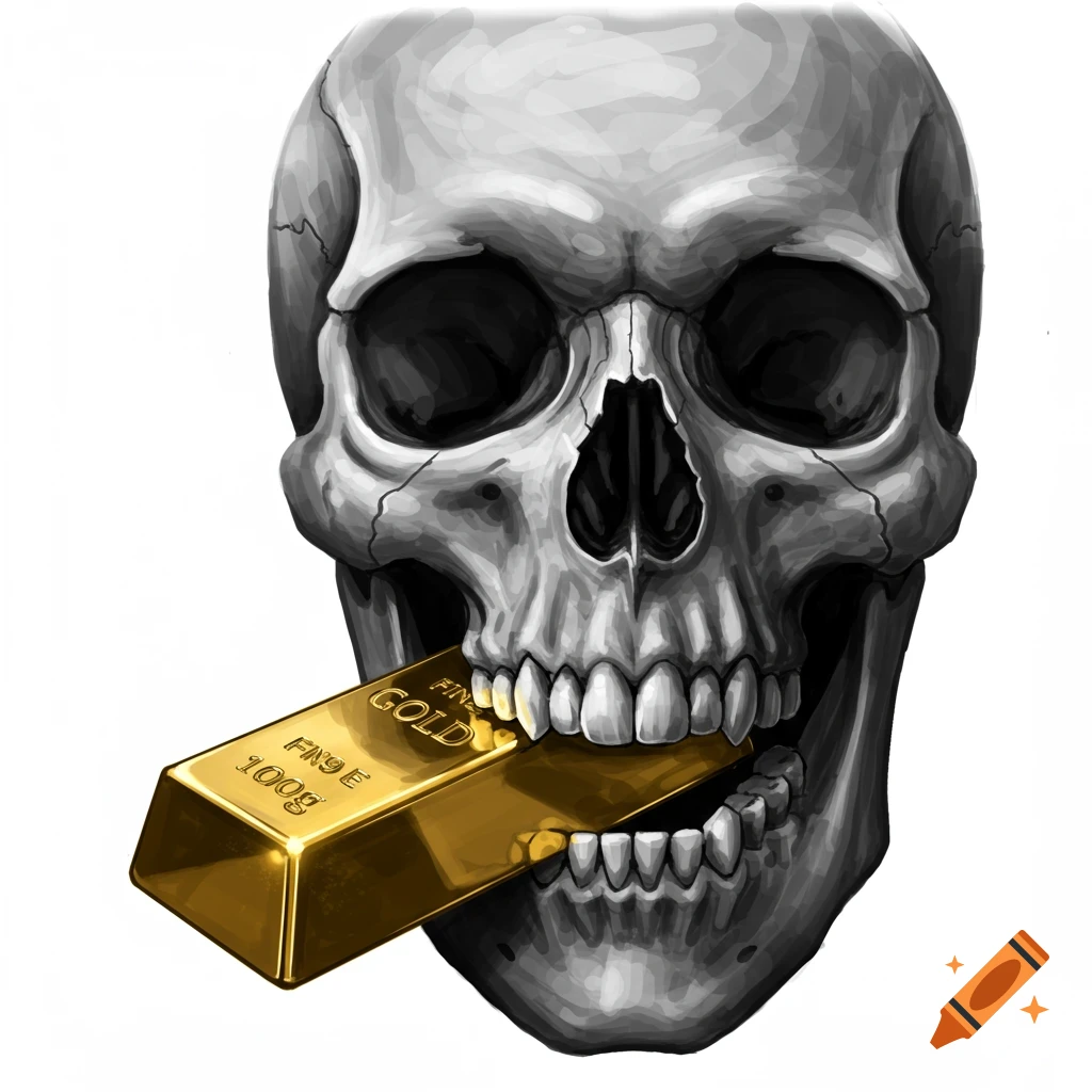 Black and white skull with gold bar in mouth, tattoo art style