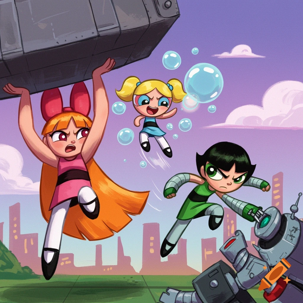 Powerpuff Girls fighting a robot: Blossom lifts debris, Bubbles floats, and Buttercup attacks metal arm.