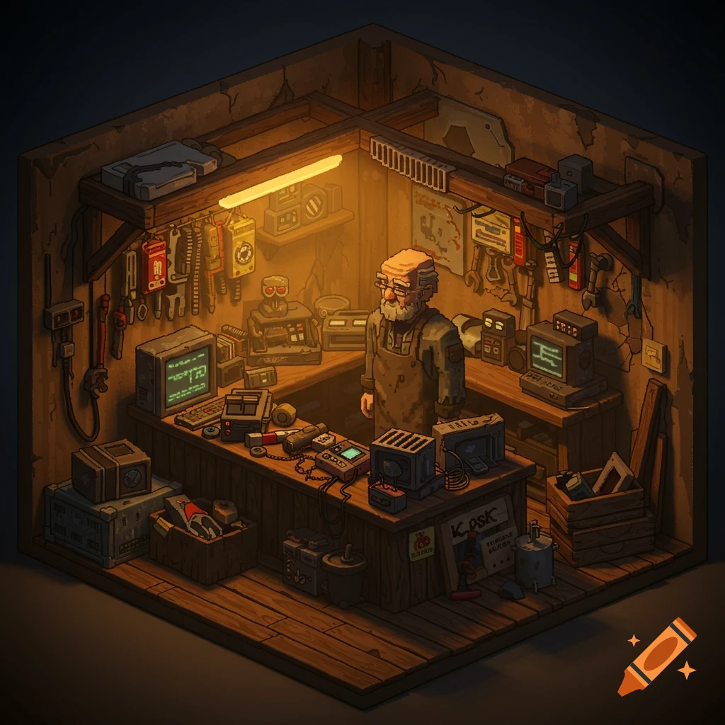 Pixel art isometric view of a post-apocalyptic shop with a shopkeeper and tools.