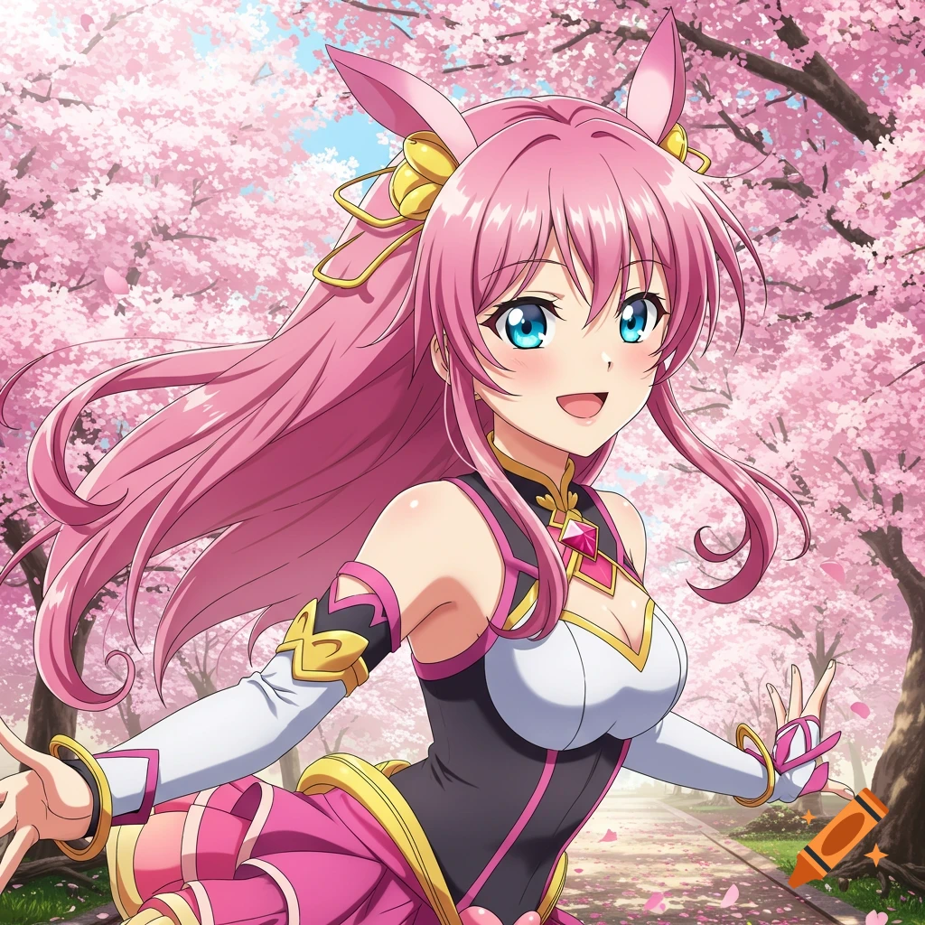 An anime girl with pink hair and animal ears smiles in a park with cherry blossoms.