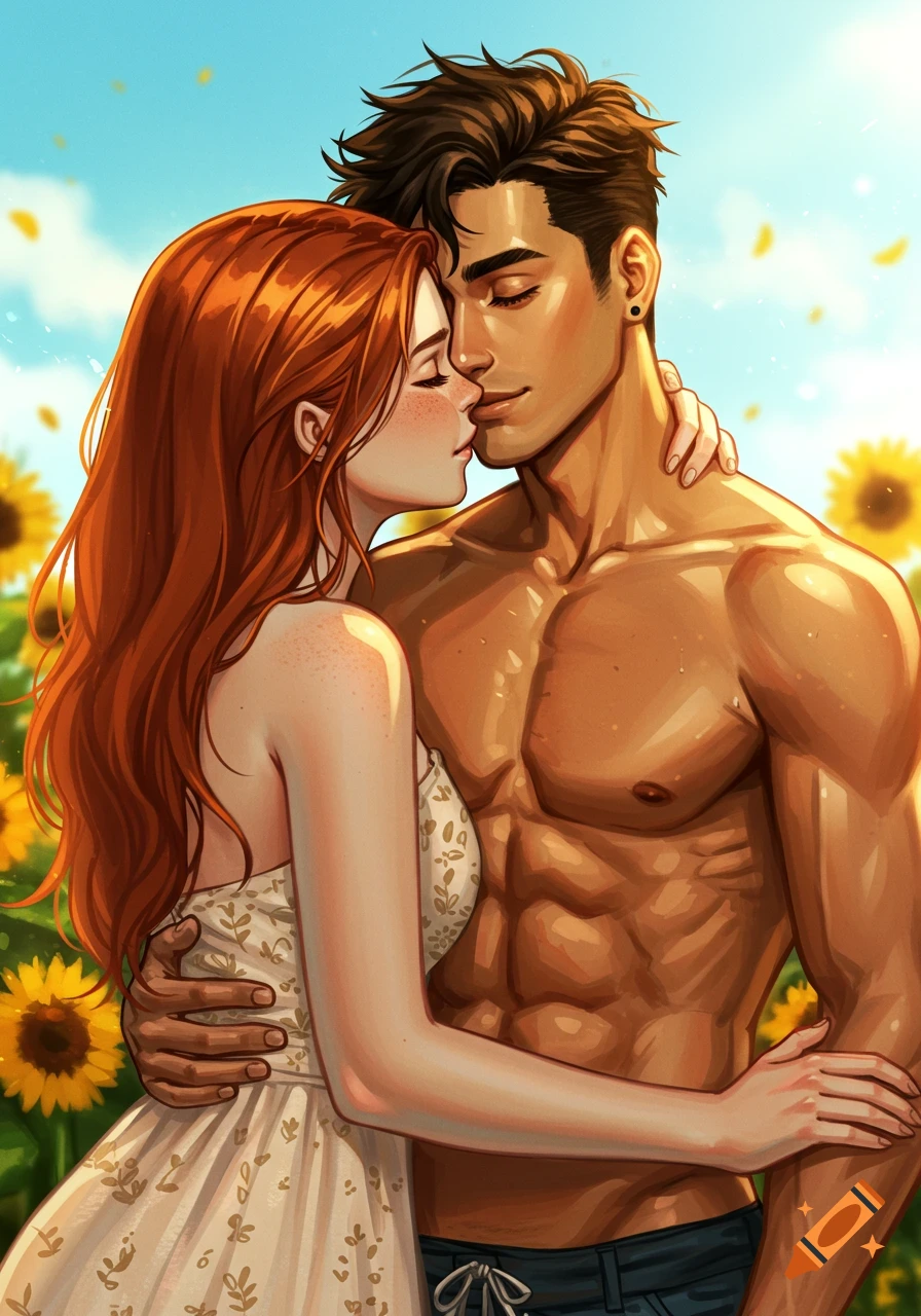 Illustration of a woman kissing a shirtless man in a sunflower field.