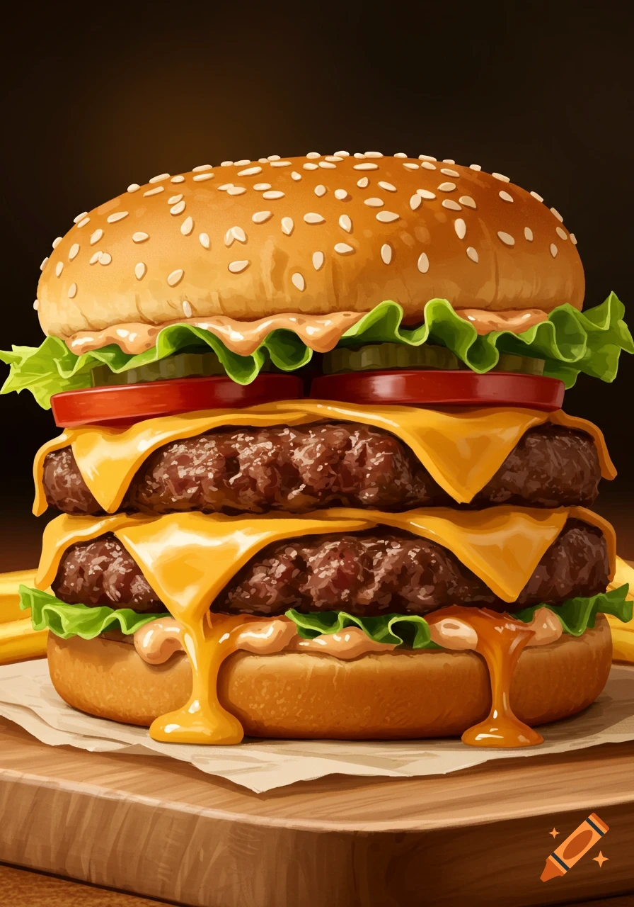 Close-up view of a stacked cheeseburger with melting cheese, lettuce, tomato, and pickles on a wooden board.