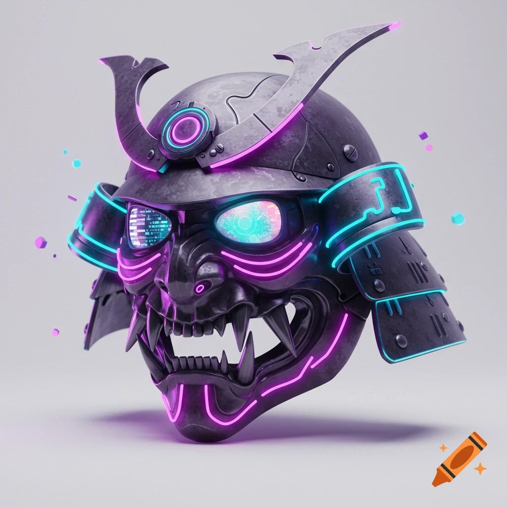 A futuristic samurai mask with neon purple and blue lines, a holographic eye, and digital patterns.