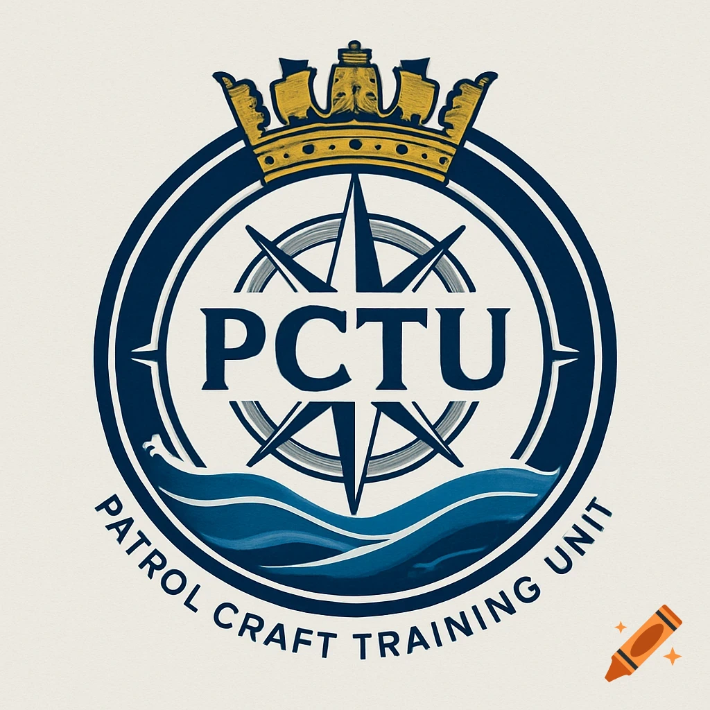 Naval logo with crown, compass rose, waves, and text 'PCTU Patrol Craft Training Unit'.