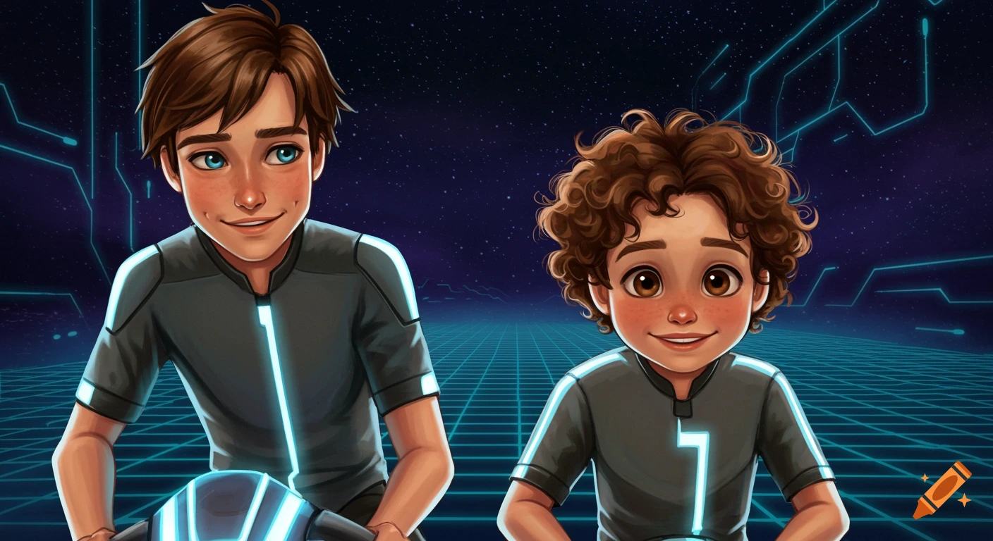 Illustration of two boys in futuristic suits riding lightcycles in a neon grid.