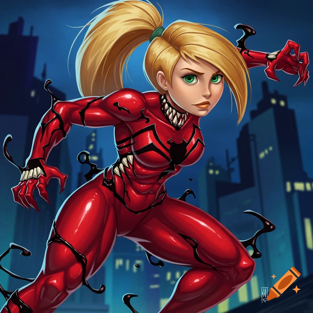 Illustration of Kim Possible in a red Venom/Carnage suit with claws and teeth, running through a city at night.