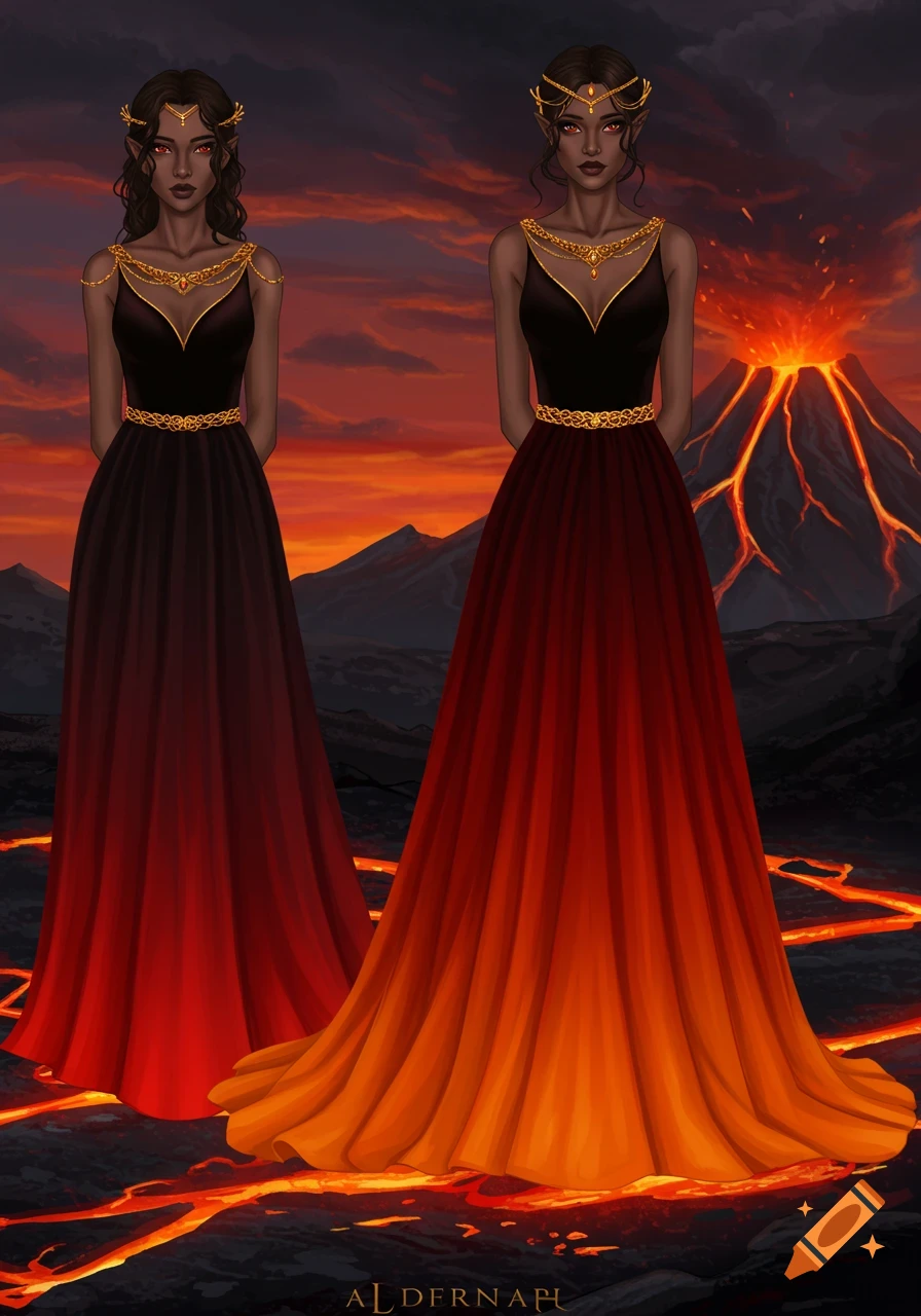 Two women in ombre red and black dresses stand before a volcano and lava in a fantasy illustration.