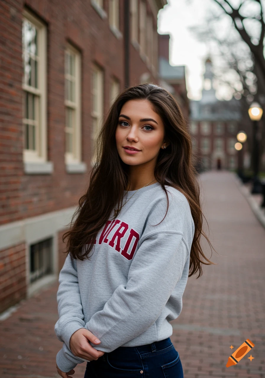 Young woman in a grey sweatshirt standing outside a brick building.