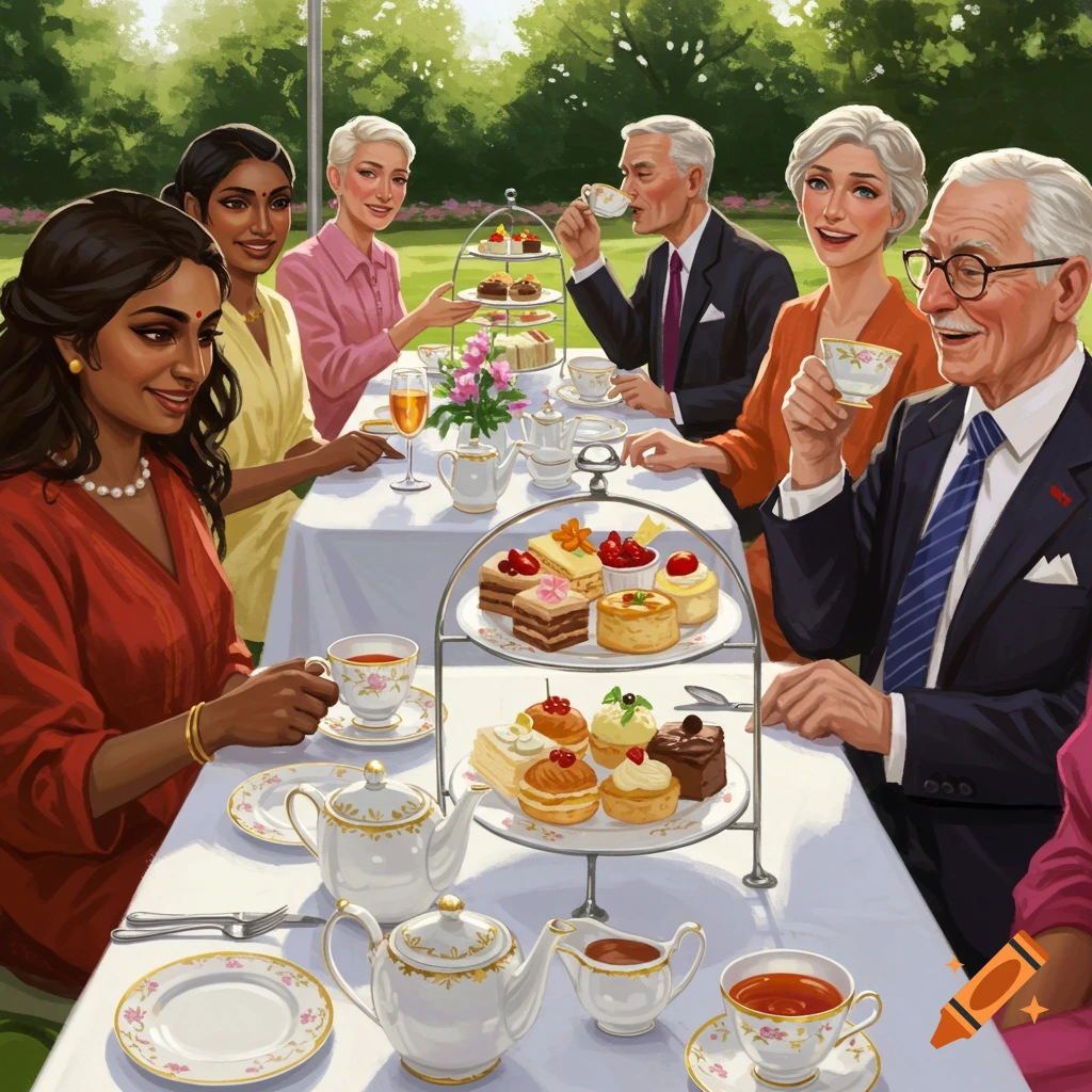 People enjoy high tea with cakes and pastries at an outdoor table in a garden.