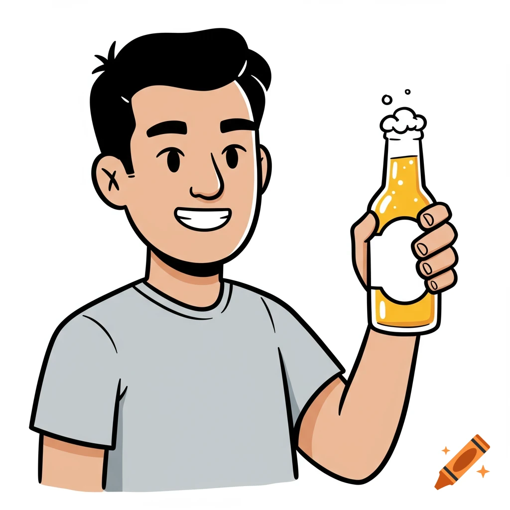 Cartoon man holding up a beer bottle, clipart style