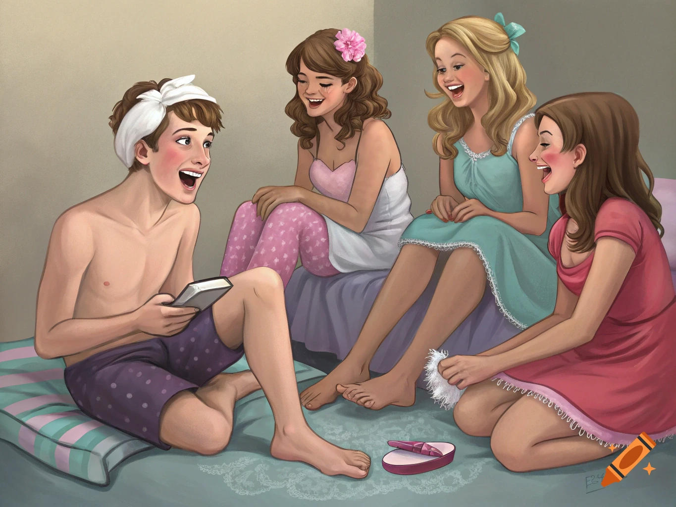 Digital painting of teenagers at a sleepover, with three girls laughing at a boy in pyjamas and a headwrap, holding a book.