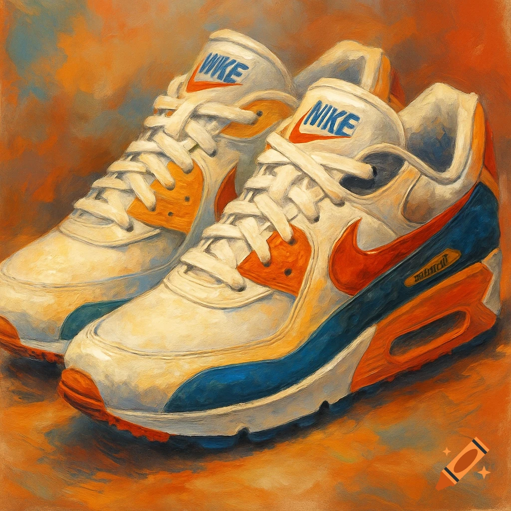 Painterly image of a pair of white, blue, and orange sneakers.
