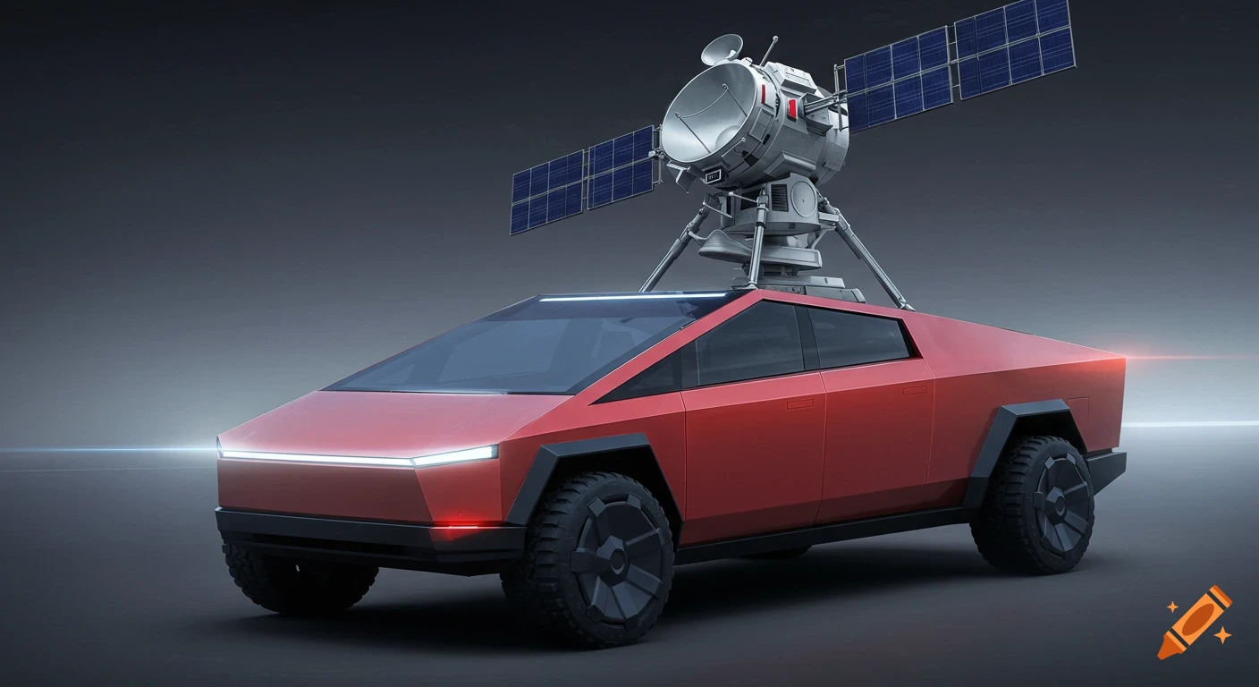 A red Tesla Cybertruck with a large satellite dish and solar panels mounted on the roof.
