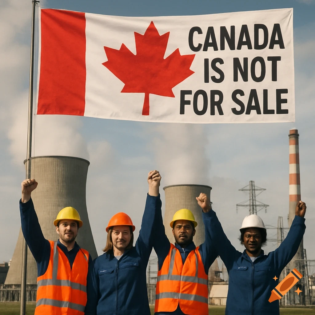 Workers in hard hats raise fists under a Canadian flag reading "CANADA IS NOT FOR SALE" in front of a power plant.