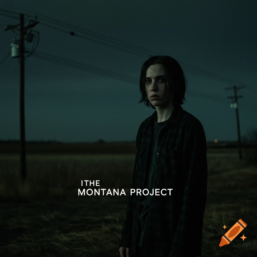 Cinematic portrait of a person in a dark, gloomy landscape with text overlay.