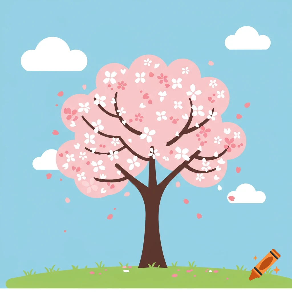Simple illustration of a cherry blossom tree under a blue sky with clouds.