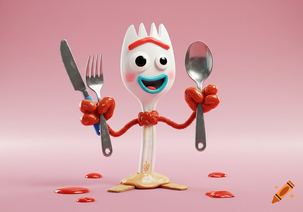 Forky character from Toy Story holding a knife and spoon.
