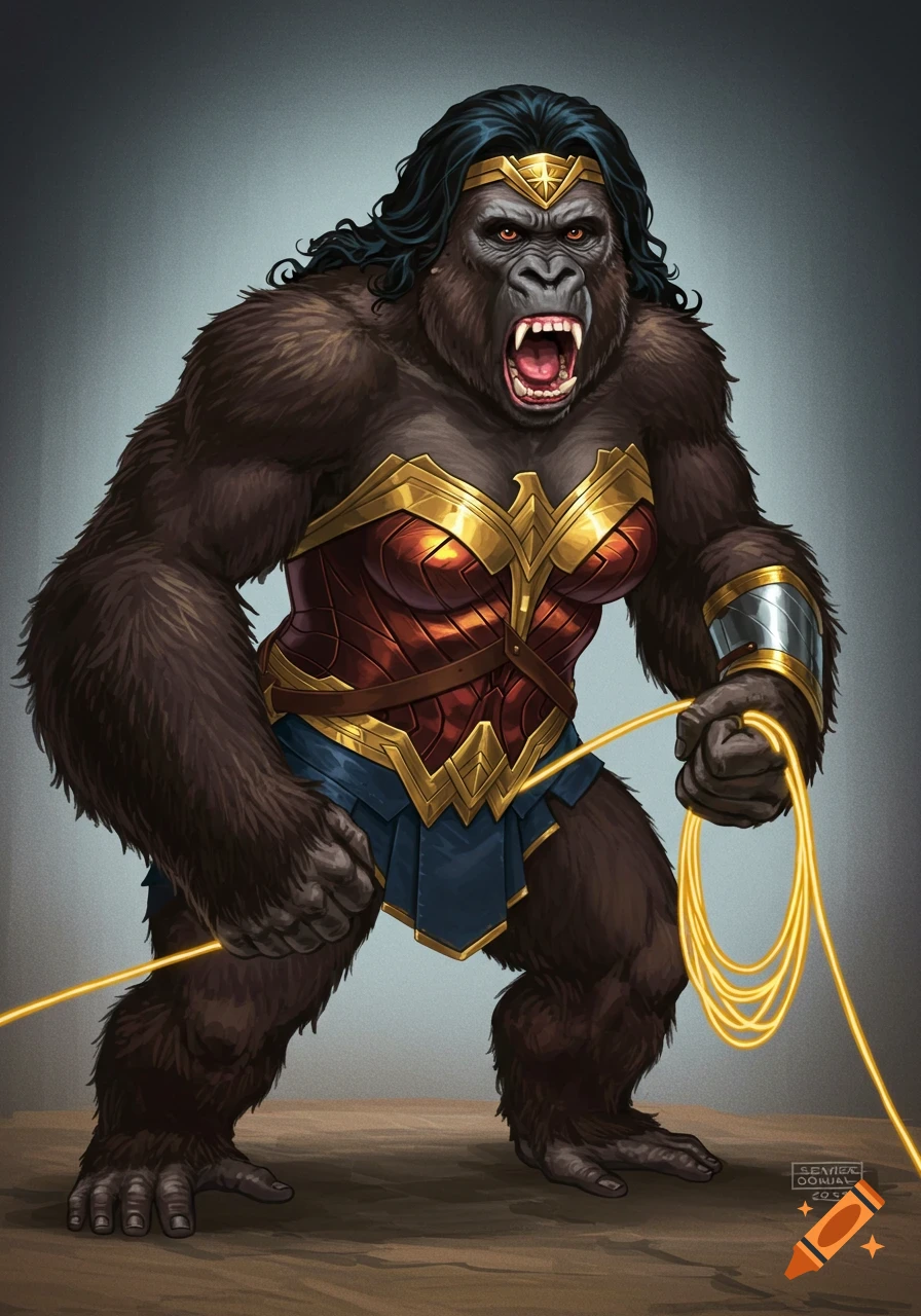 Gorilla wearing Wonder Woman's outfit and tiara, holding the Lasso of Truth. Stylized illustration.