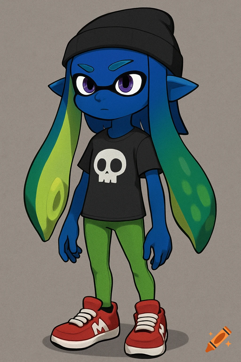 A cartoon blue Inkling character wearing a black beanie, skull shirt, green pants, and red shoes.