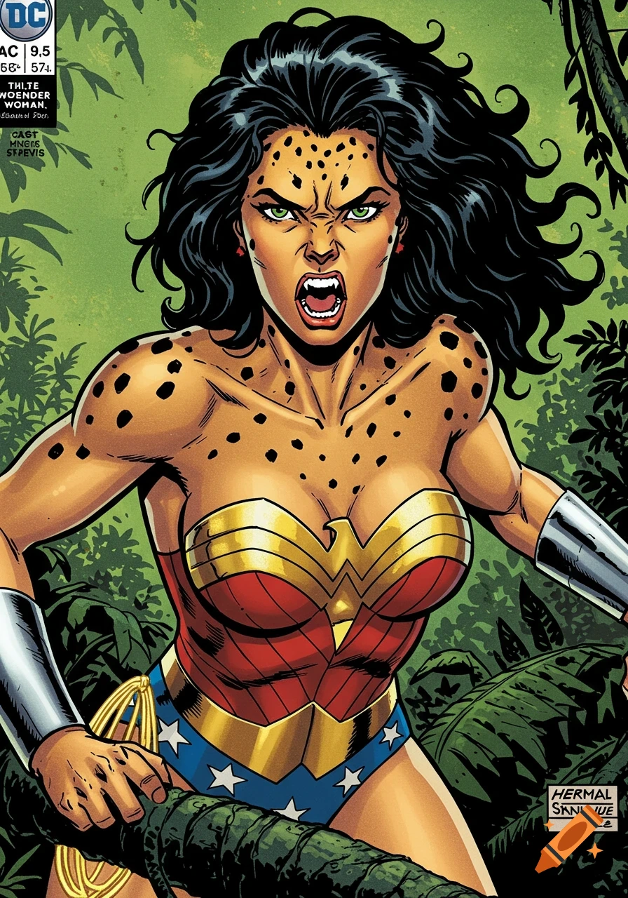 The Cheetah in a Wonder Woman costume roaring in a jungle, comic art style.