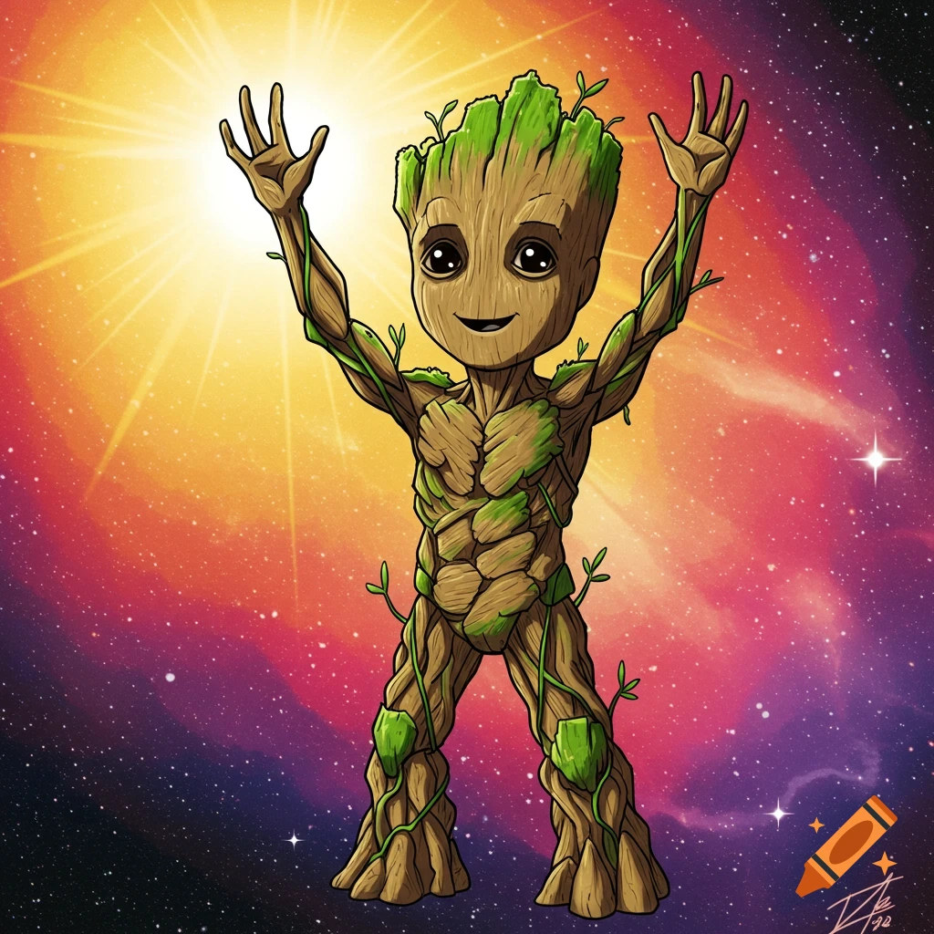 Cartoon illustration of Baby Groot standing in space with his arms raised, smiling, with a bright star or sun behind him.