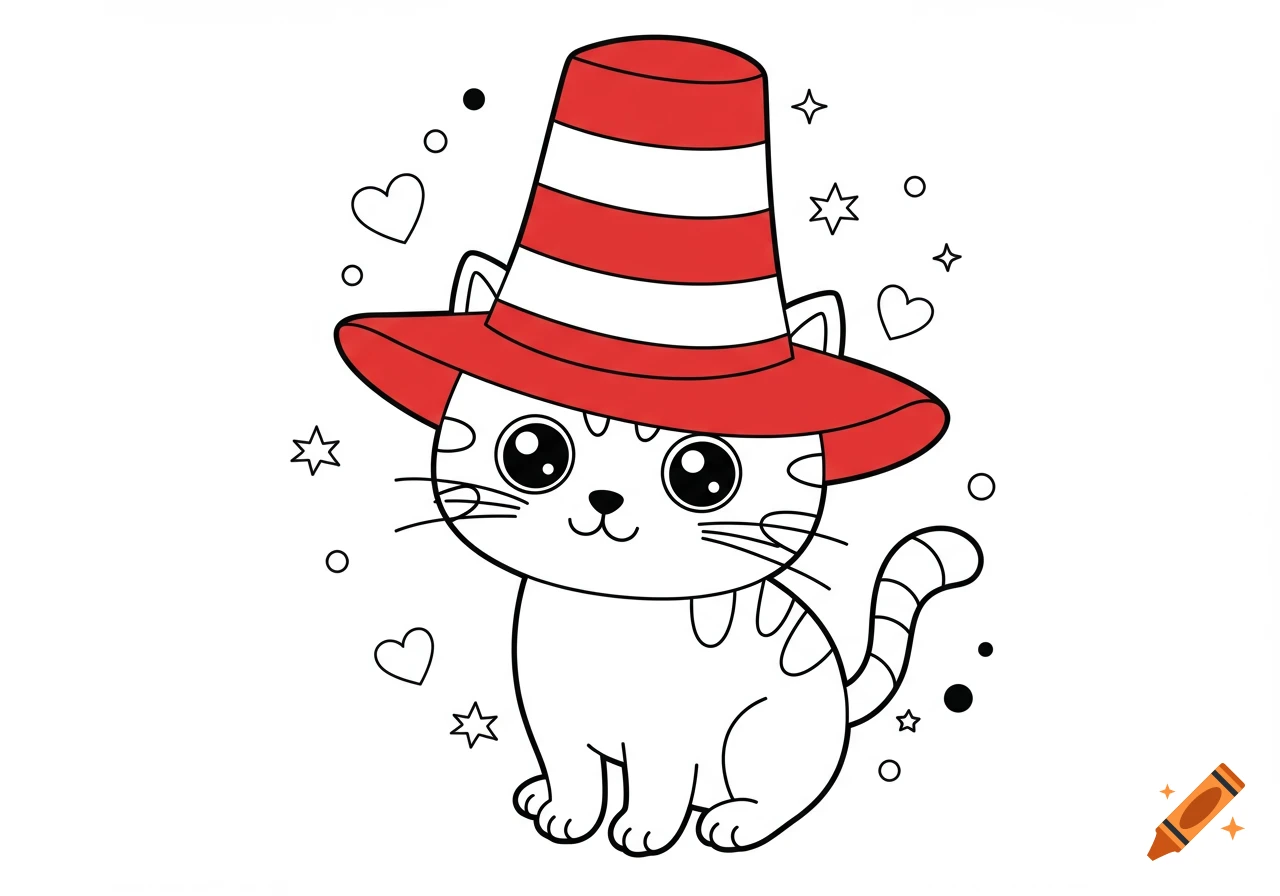 Colouring book style drawing of a cute cat wearing a tall red and white striped hat.
