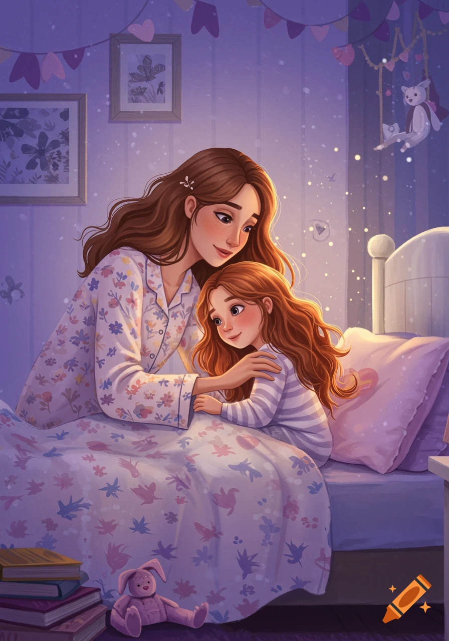 Mother tucking a girl into bed in a purple bedroom, illustration.
