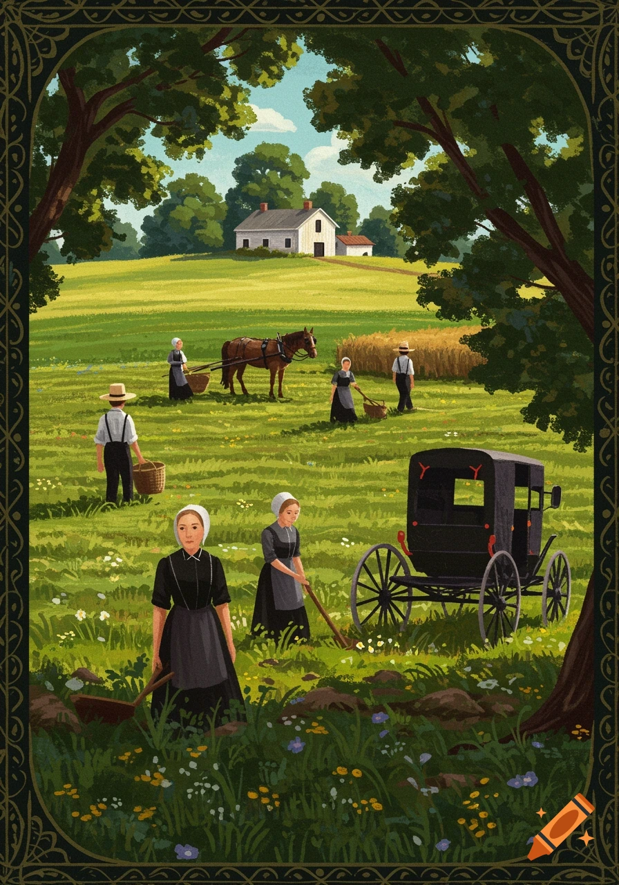Illustration of Amish people farming in a field with a horse-drawn wagon and buggy.