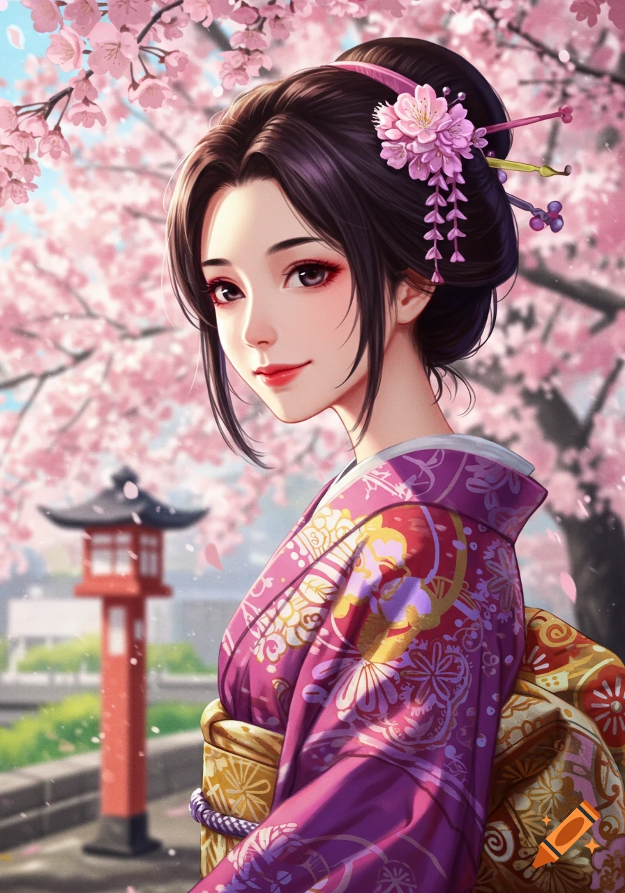 An illustration of a Japanese woman in a pink and purple kimono standing under pink cherry blossoms.