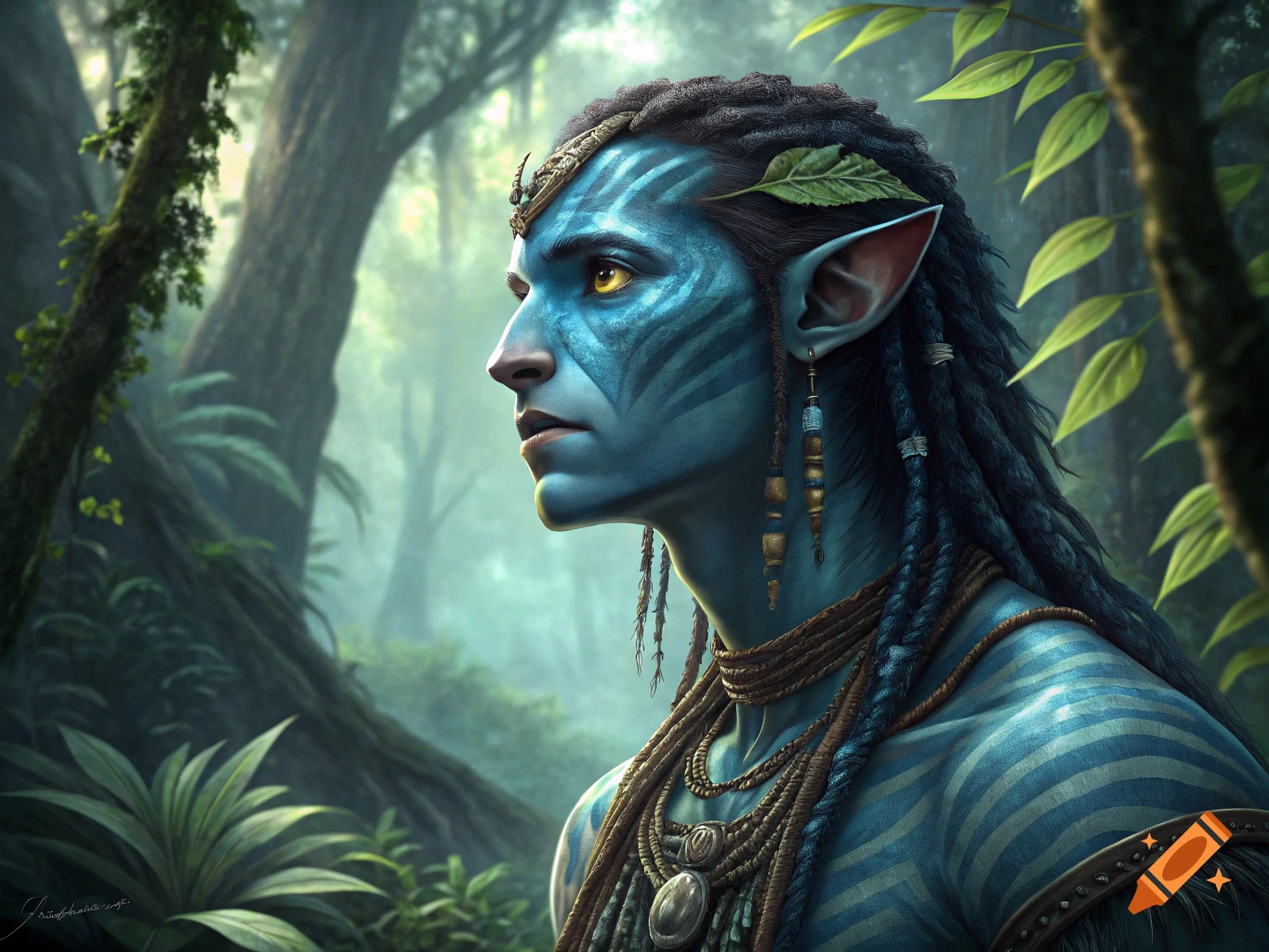 Profile of a blue-skinned Na'vi character in a lush forest.