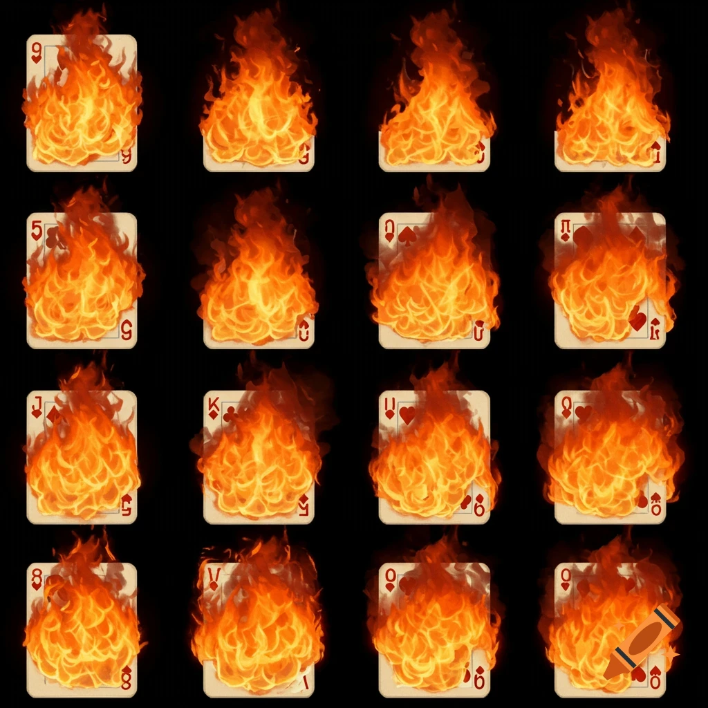 A grid of 16 playing cards, each engulfed in bright orange and yellow flames.