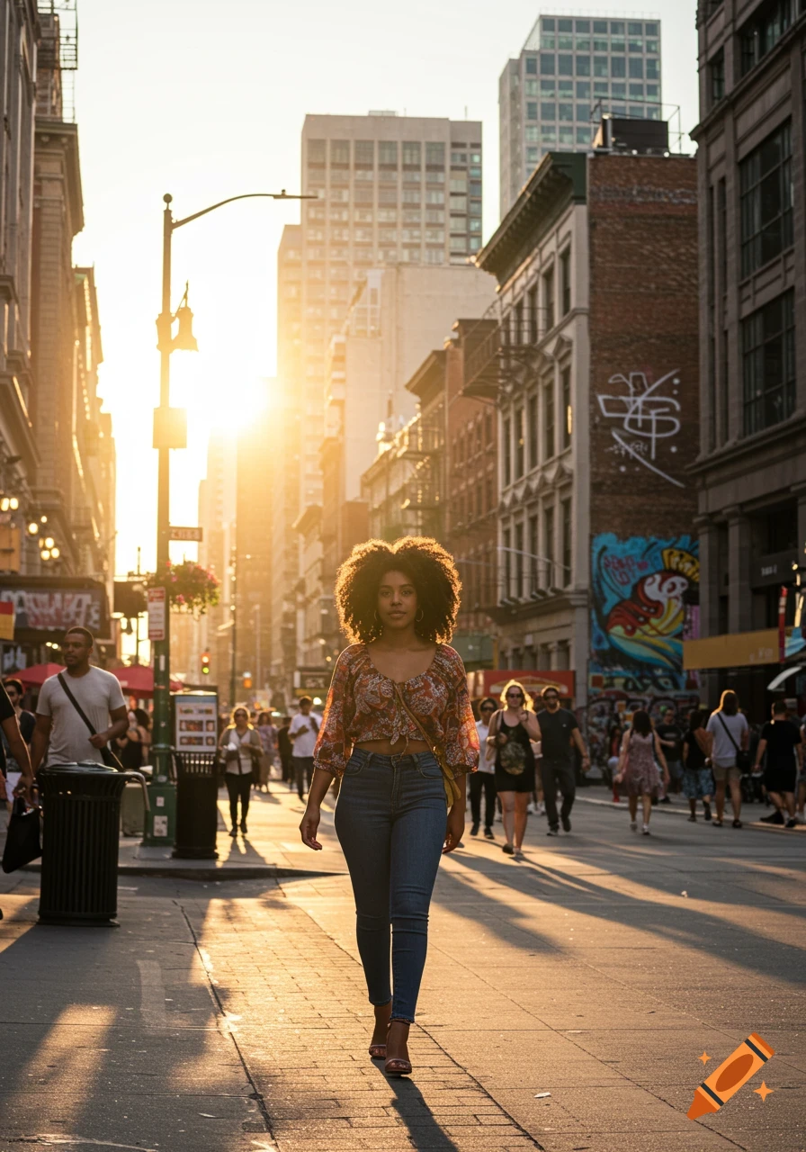 A woman walks down a busy city street during golden hour.