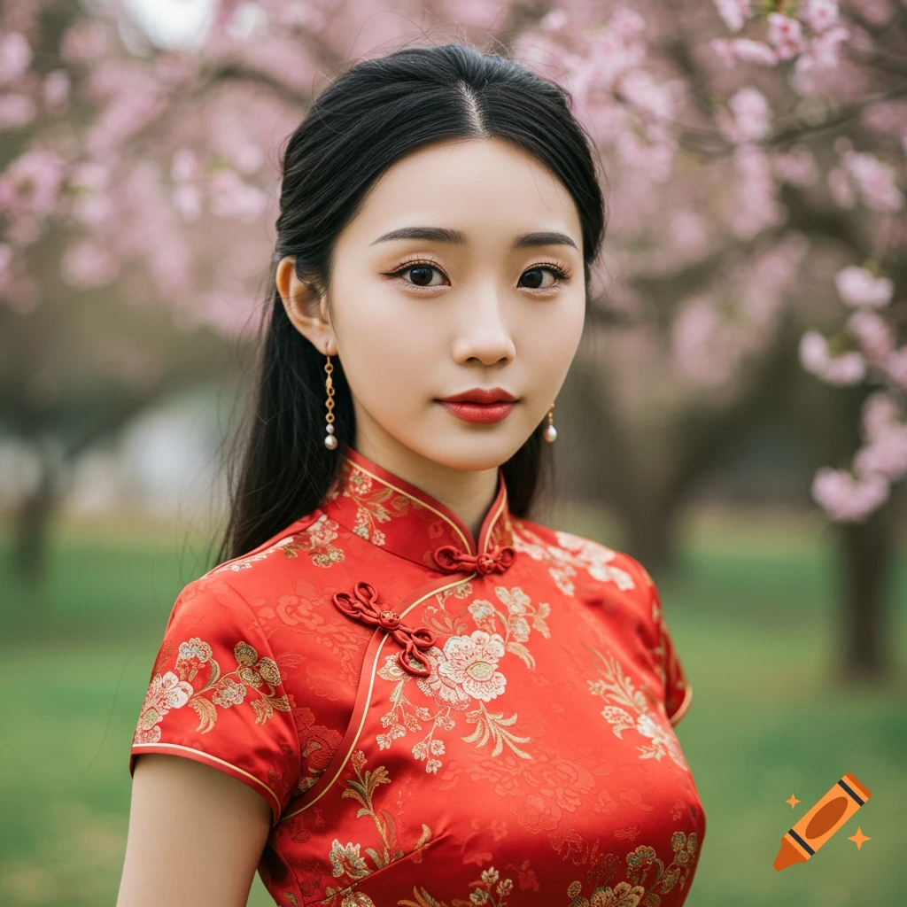 A woman in a red traditional Chinese dress stands in a park with cherry blossoms.