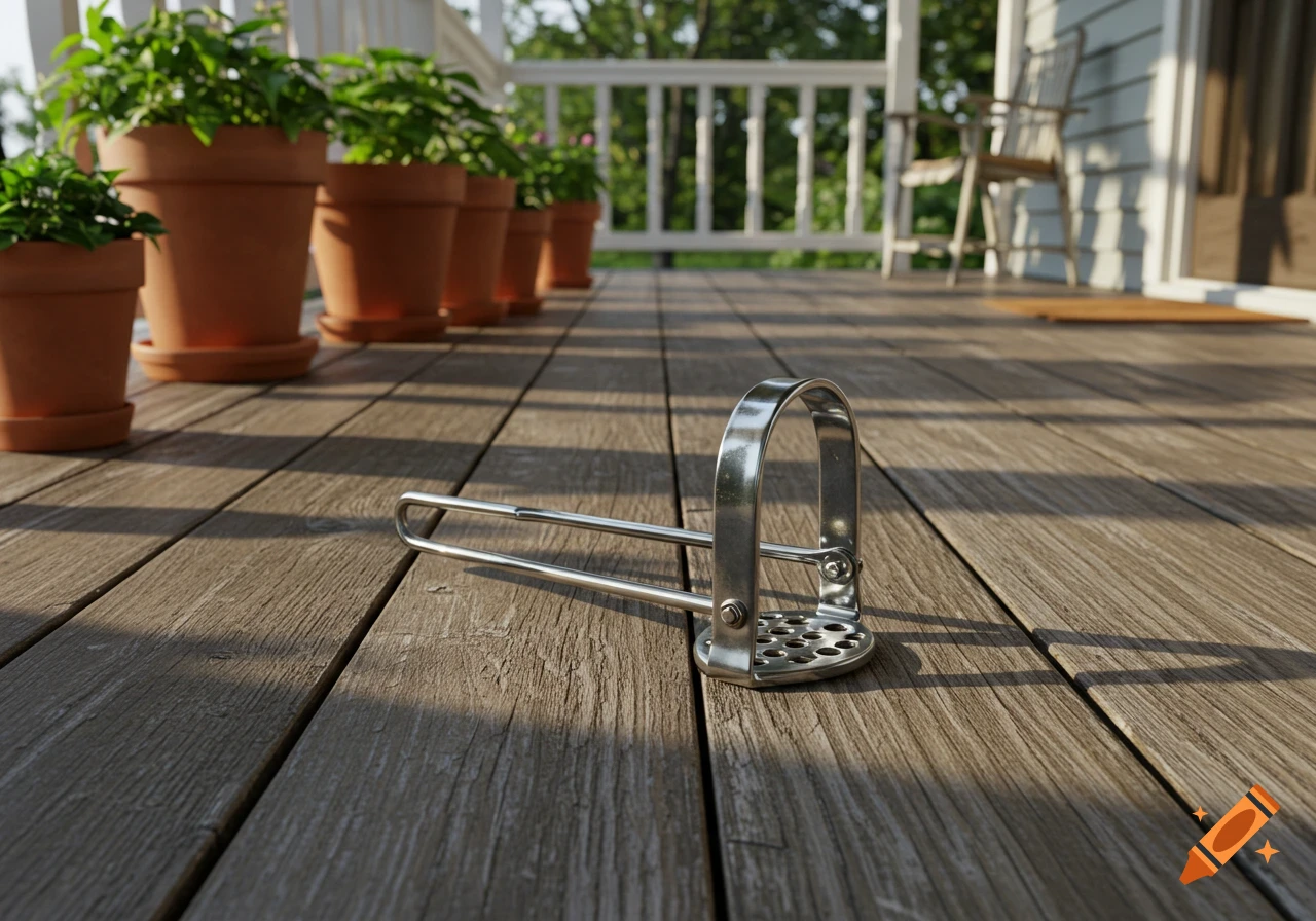 A metal potato masher rests on a sunlit wooden porch deck. Potted plants are visible in the background.