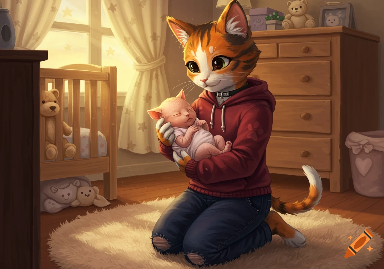 An anthropomorphic cat kneels in a warm nursery, holding a baby kitten.