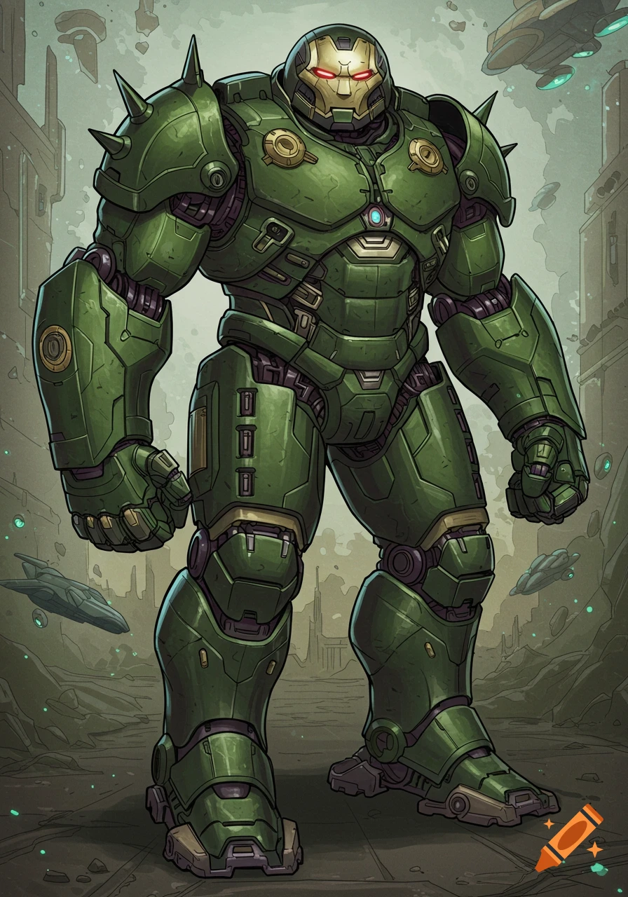 A large green mecha suit with spikes on the shoulders stands in a futuristic city ruin.