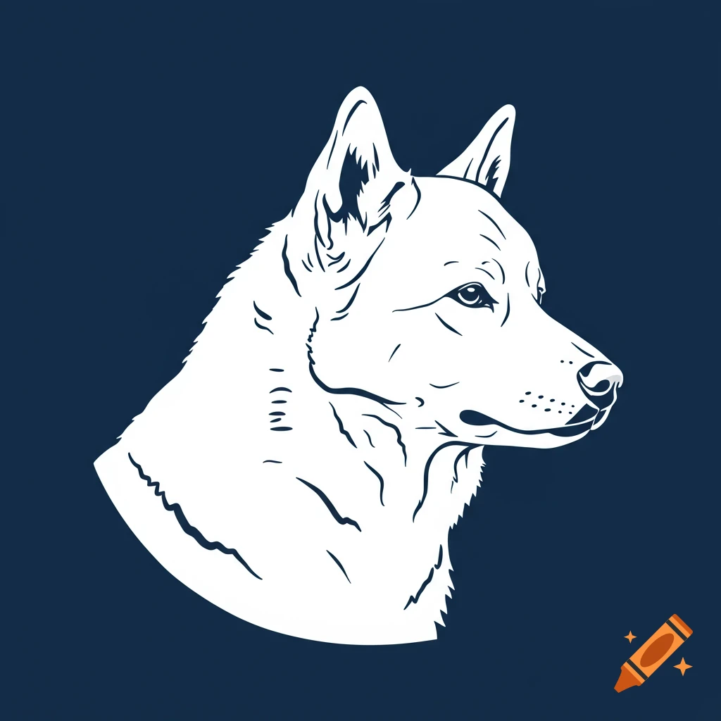 White vector profile of a dog looking right on a dark blue background.