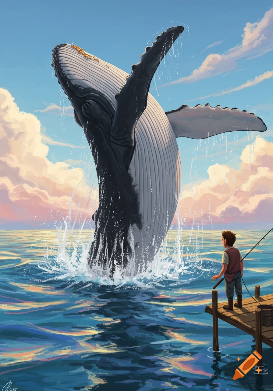 Large humpback whale breaching near a boy fishing on a dock at sunset, digital art.