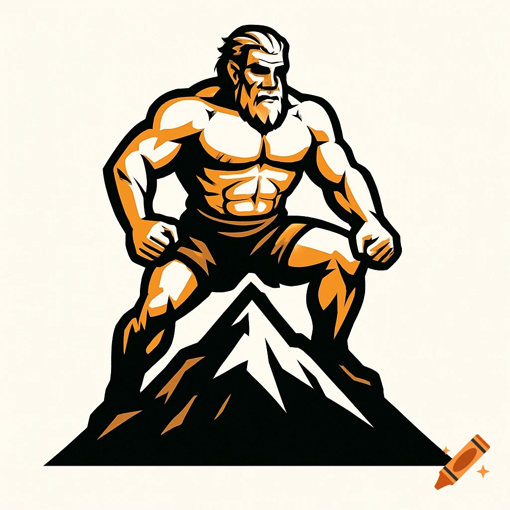 Stylized orange and black illustration of a muscular figure standing triumphantly on a mountain peak.