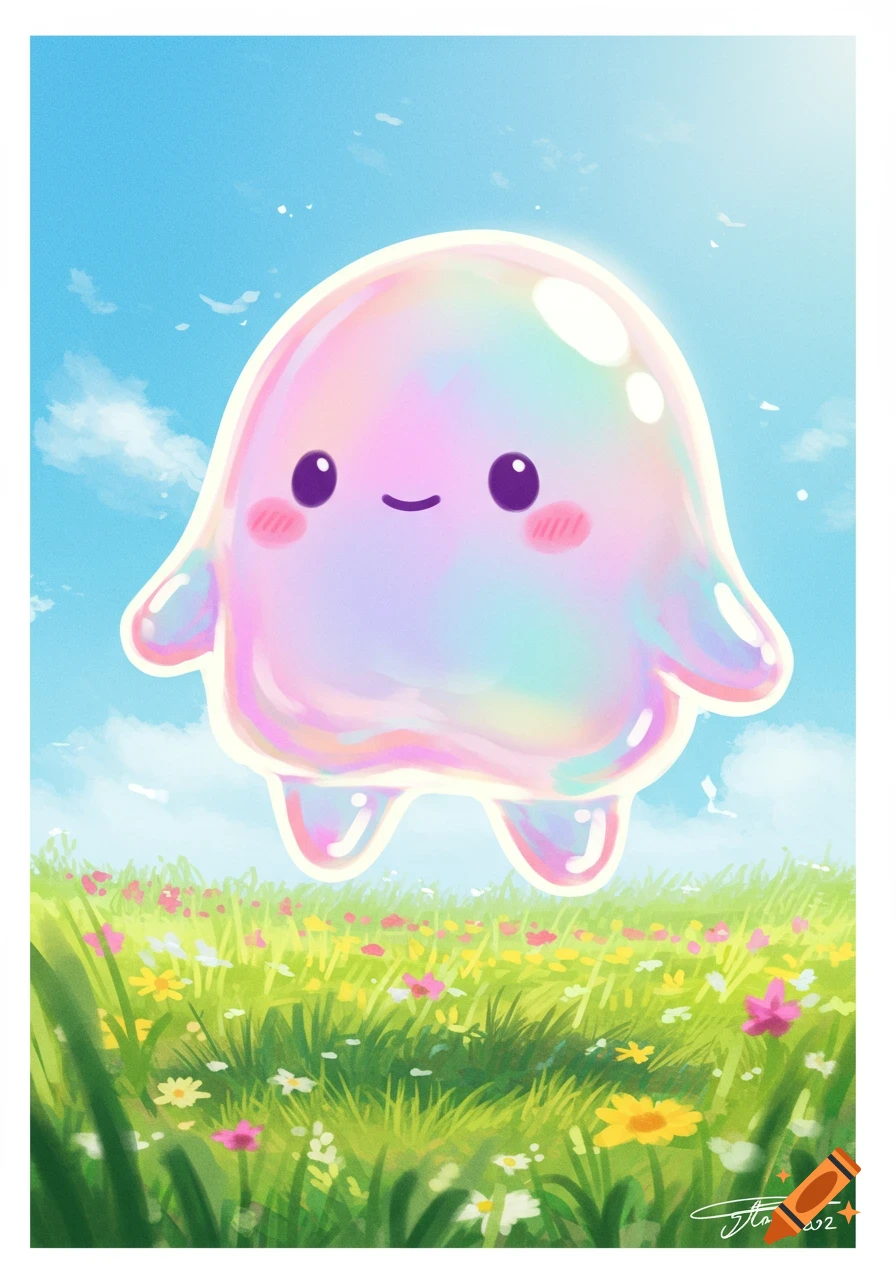 A cute, colorful iridescent blob character with pink cheeks floats above a field of flowers under a blue sky.