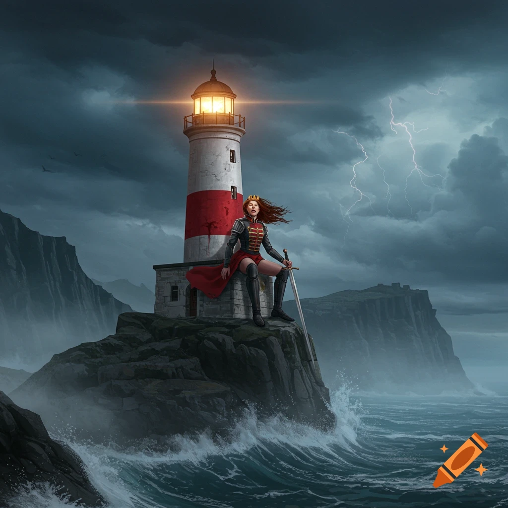A fantasy figure sits by a lighthouse on a stormy cliff overlooking the sea.