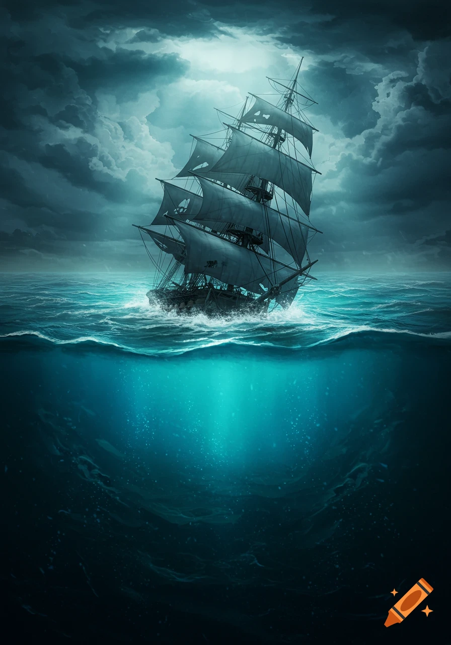 Dramatic sailing ship partially submerged in stormy seas, showing underwater view.