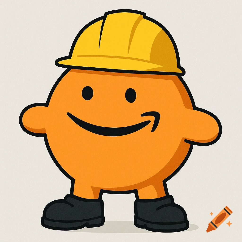 Orange cartoon character with Amazon smile mouth, wearing a yellow hard hat and black boots.
