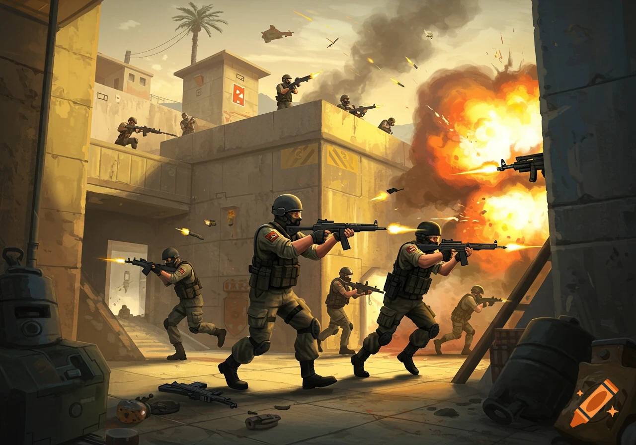 Stylized illustration of soldiers in a desert urban combat scene with an explosion and gunfire.