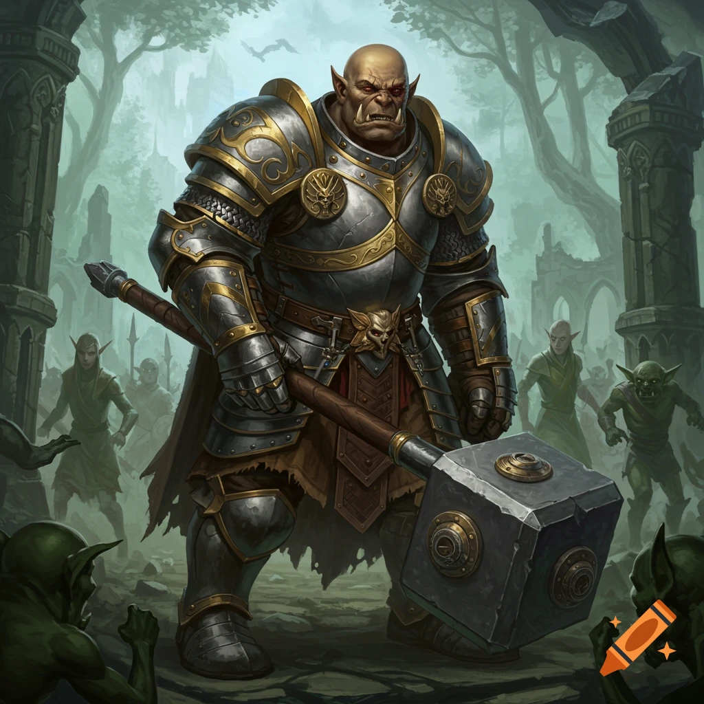 Heavily armored orc warrior with a hammer stands among goblins in a misty forest.