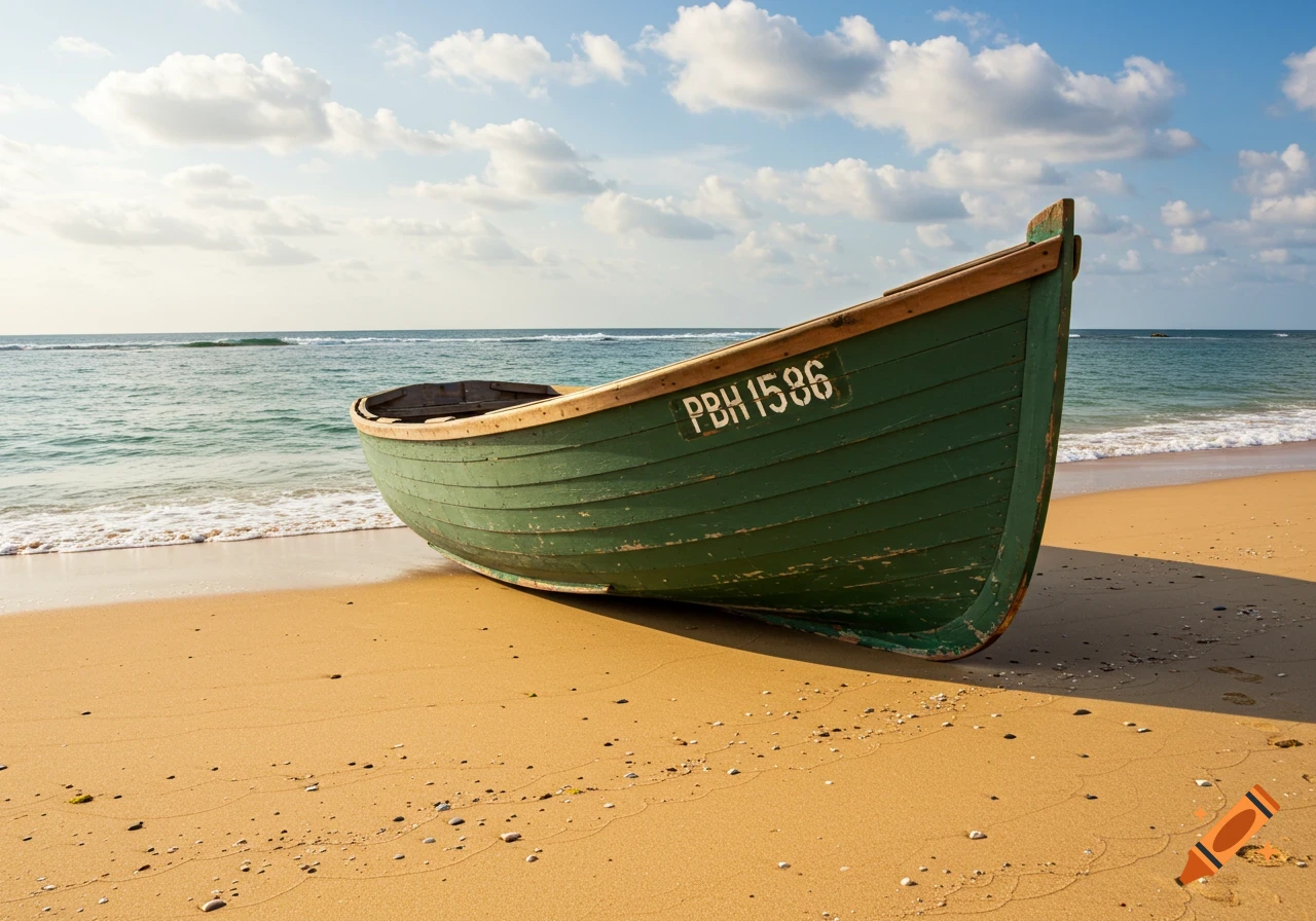 A green and yellow wooden boat rests on a sandy beach with waves and clouds.